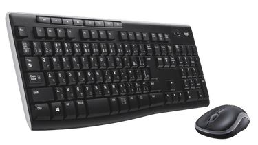 Logitech MK270 wireless keyboard and mouse combo for school and office use, featuring media keys and ergonomic design.